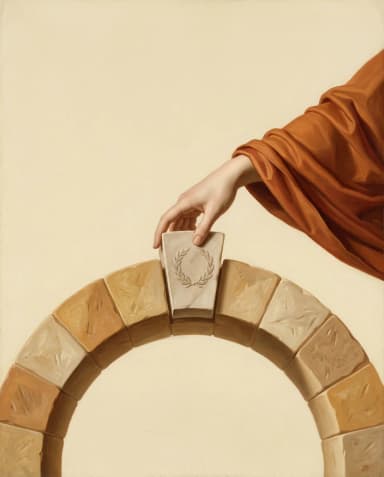 A hand sets a carved marble keystone into an arch
