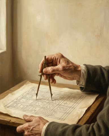 An architect's hands with a brass compass over an inked interface grid