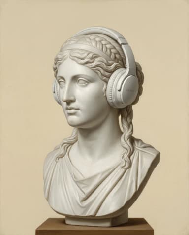 Marble bust of a Roman woman wearing white headphones