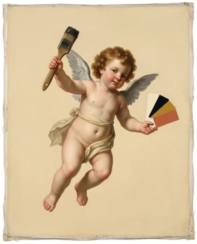 A cherub holding a paintbrush and a fan of colour swatches