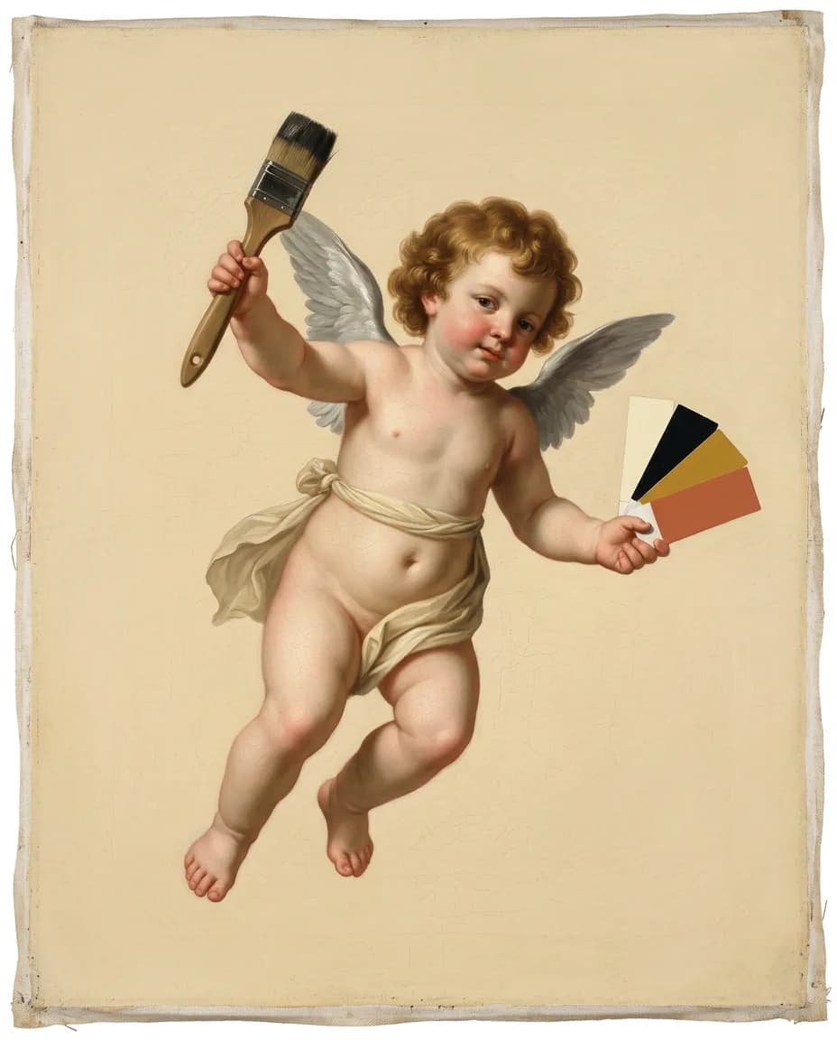 Oil painting of a cherub holding a paintbrush and a fan of colour swatches
