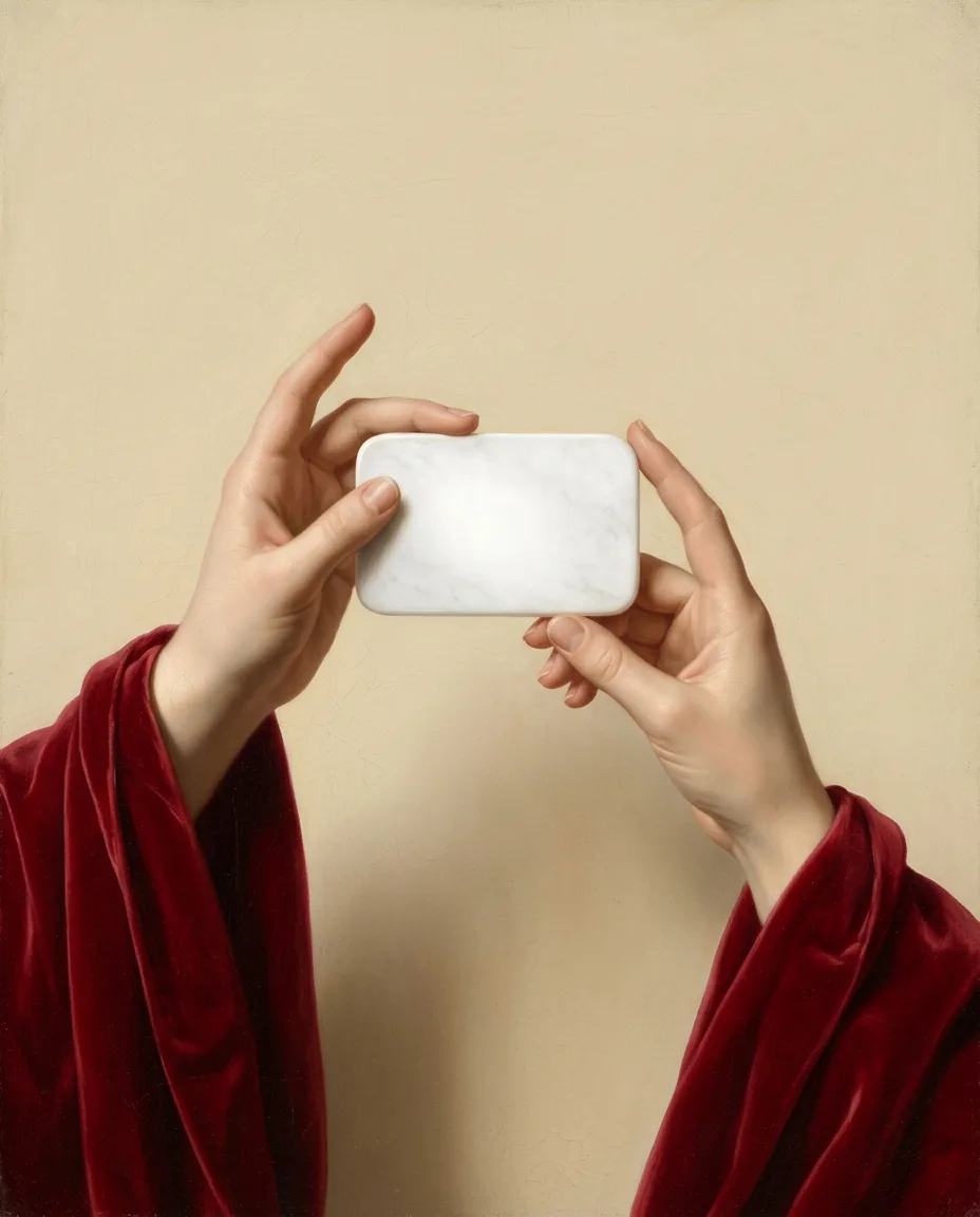 Oil painting of hands in red velvet presenting a blank marble card
