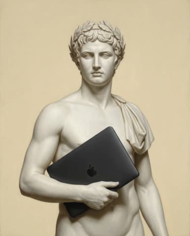 A marble statue with a laurel wreath holding a black laptop