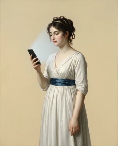 A woman in a white classical gown reading a smartphone