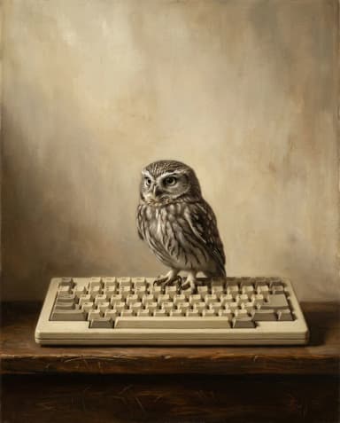 An owl perched on a cream mechanical keyboard
