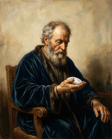 An old philosopher studies a white computer mouse in his palm