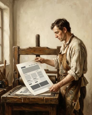 A printmaker pulls a website wireframe from a wooden press