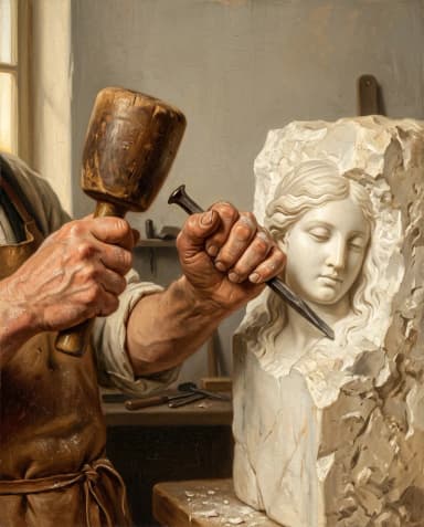 A sculptor's hands with chisel and mallet at a marble face