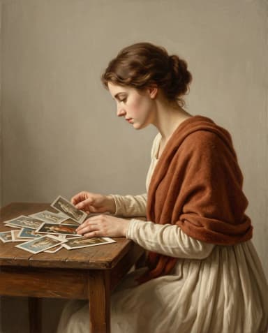 A woman sorts prints at a desk