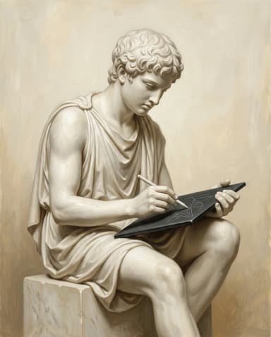 A marble youth drawing on a black tablet with a stylus