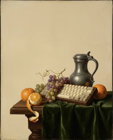 Still life with grapes, oranges, a pewter jug and a keyboard
