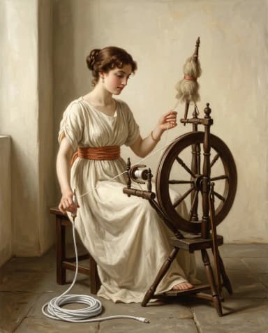 A woman at a spinning wheel spins thread into a white cable