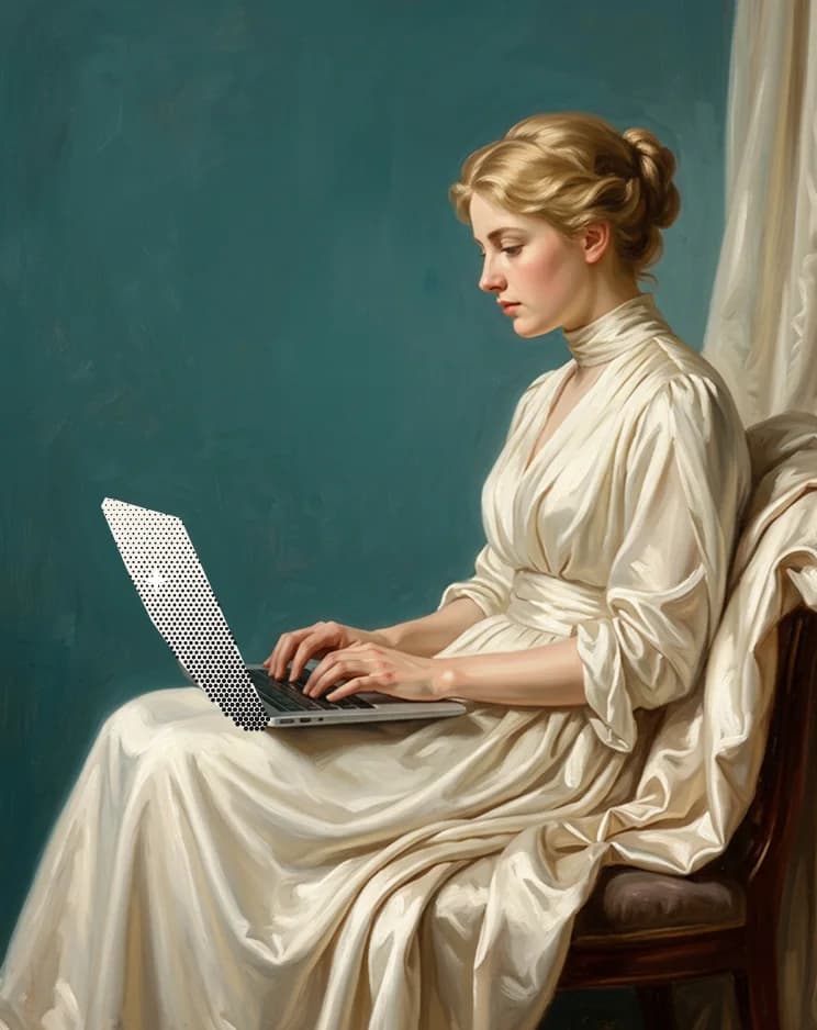 Neoclassical painting of a woman in a white gown typing on a halftone laptop