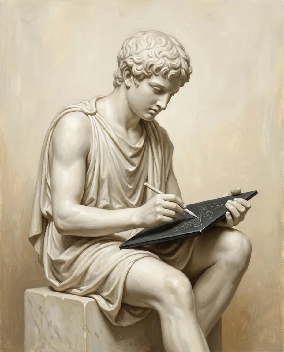 Oil painting of a marble statue seated on a plinth, writing on a dark tablet with a stylus